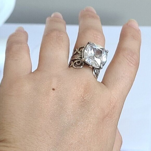 Vintage Sterling Silver Large Chunky Filigree Huge Cushion Cut CZ Crystal Ring - Picture 7 of 15